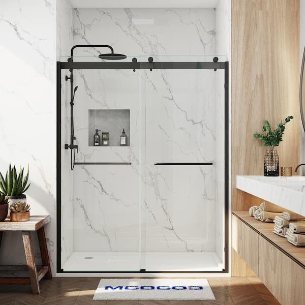 MCOCOD 56-60.25 in. W x 76 in. H Double Sliding Semi-Frameless Smooth Sliding Shower Door in Matte Black with 3/8 in. Glass