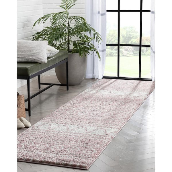 Madison Shag Cossima Modern Geometric Pink Thick Pile 2 ft. x 7 ft. 3 in. Runner Area Rug