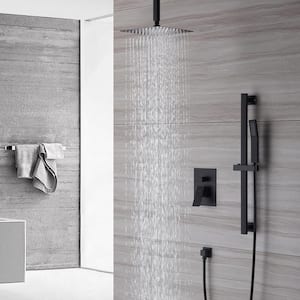 1-Spray Patterns with 10 in. Ceiling Mount Dual Shower Heads with Sliding Rod in Spot Resist Matte Black