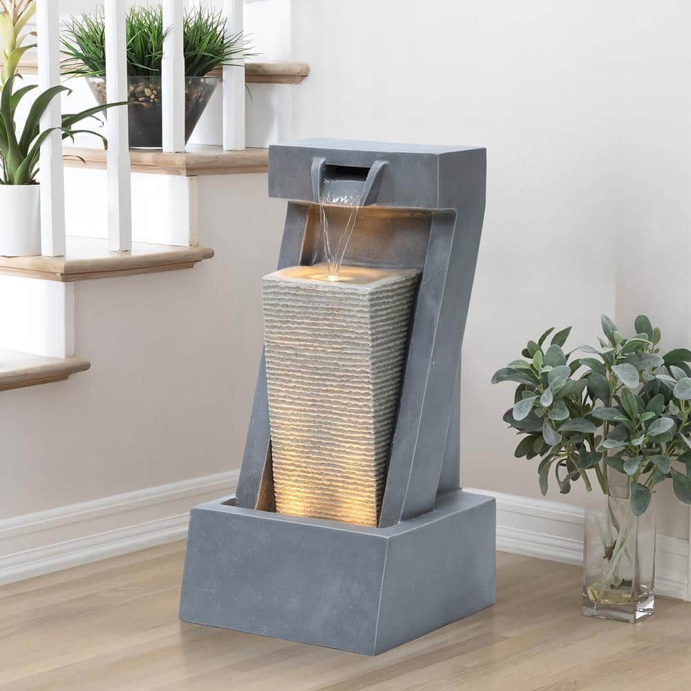 Gray Resin 2-Column Sculpture Outdoor Fountain with LED Lights