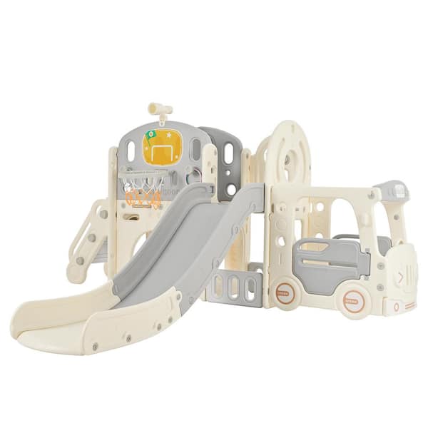 Bon Furni Gray and White Bus Model 9-in-1 Castle Climbing Slide Playset Swing Set with Basketball Hoop