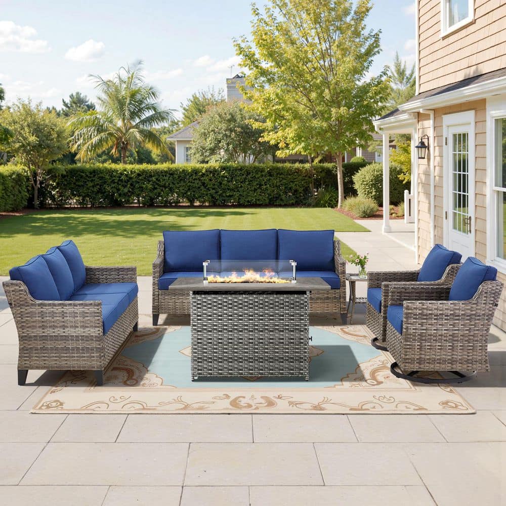 GlideRail Gray Wicker Fire Pit Conversation Set with Blue Olefin 4 in. Thick Cushions Patio Swivel Chairs (6-Piece) price history on PriceWatchPro