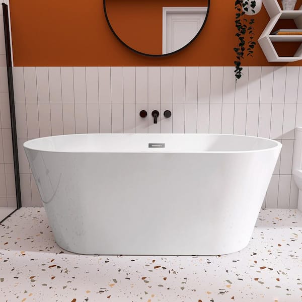Zeafive Dazr 59 in. x 31.1 in. Acrylic Freestanding Soaking Bathtub Flatbottom Oval Tub with Anti-Clogging Drain in Glossy White