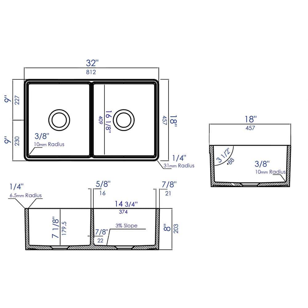 32'' White Fireclay Double Bowl Undermount Kitchen Sink
