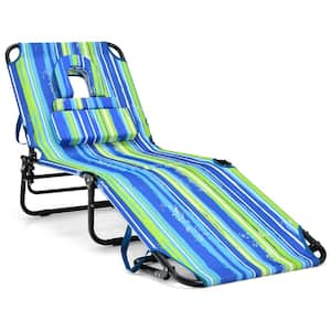 Beach Chaise Lounge Outdoor Lounge Chair in Blue and Green, With Face Hole and Removable Pillow (Set of 1)