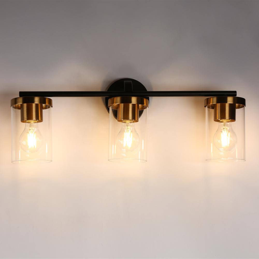 23.6" Black and Brass Metal Vanity Light with Clear Glass Cylinder Shades