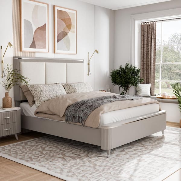 Furniture of America Quill Gray Wood Frame Queen Panel Bed with Upholstered Headboard