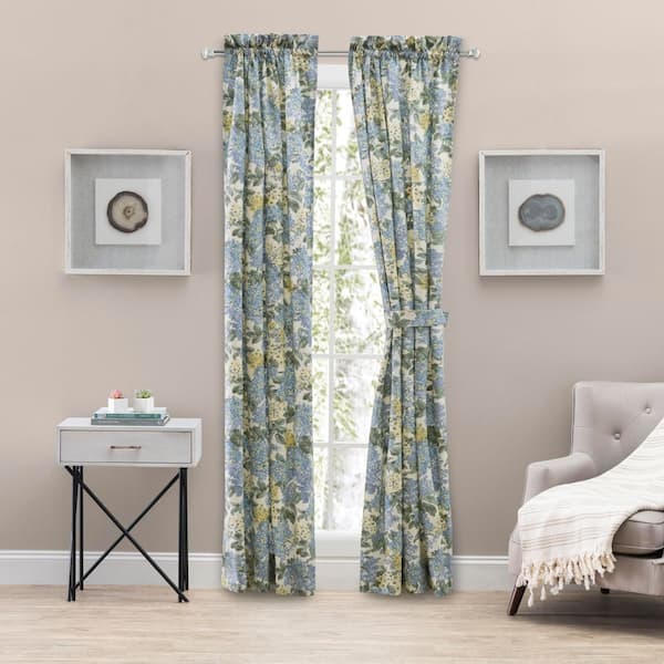 Hydrangea Blue Cotton Floral 34 in. W x 72 in. L Rod Pocket Room Darkening Curtain (Set of 2)