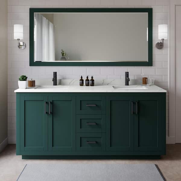 Wyndham Collection Miranda 72 in. W x 22 in. D x 33.75 in. H Double Bath Vanity in Green with Giotto Quartz Top and 70 in. Mirror