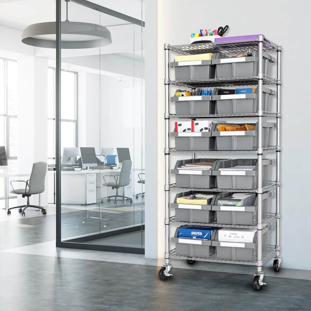 Gray 7-Tier Steel Wire Shelving Unit with 12 Bins
