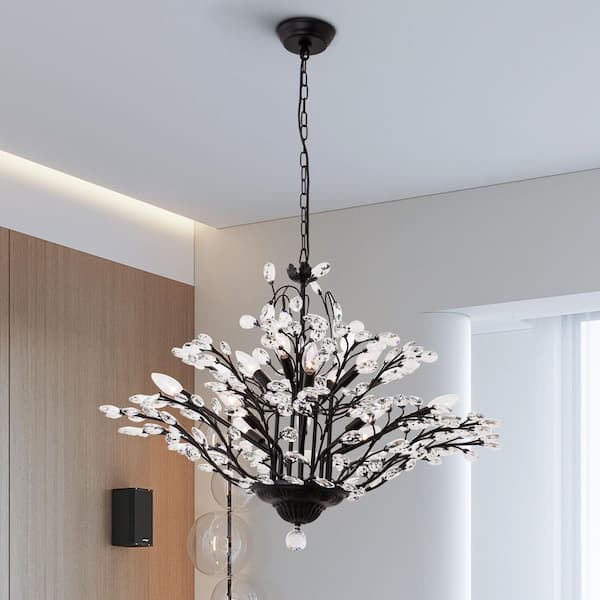 12-Light 33 in. Black Crystal Modern Tiered Dimmable Chandeliers Dining Kitchen Ceiling Lights Foyer Bedroom Lighting