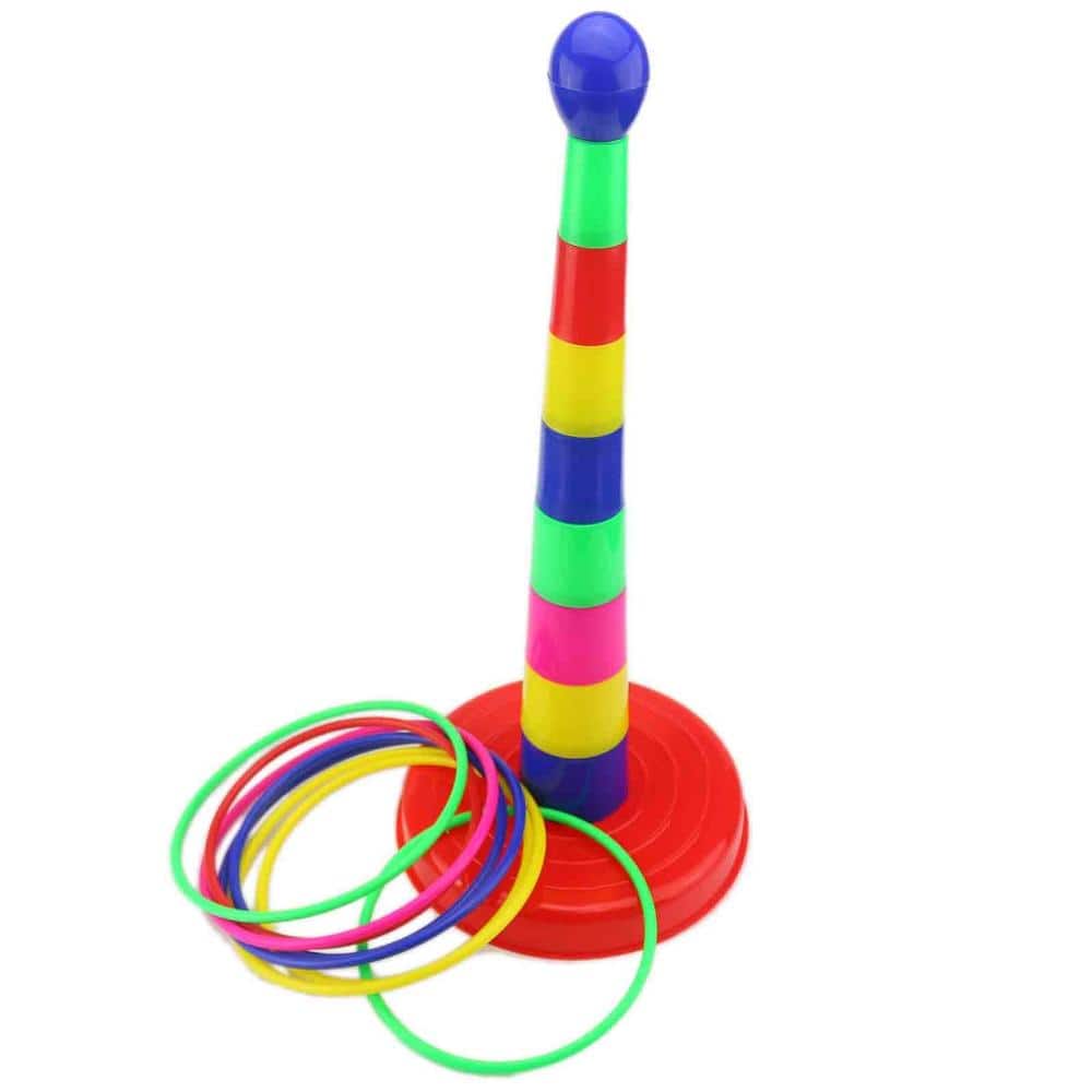 18 in. Colorful Plastic Ring Toss Game Set with 8 Throw Rings for Indoor and Outdoor Play Tetherboard