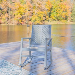 Ned Modern Chevron-Back 300 lbs. Support Acacia Wood Patio Outdoor Rocking Chair in Gray