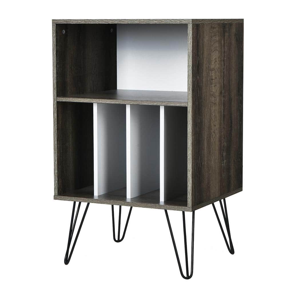 Walnut Wood Record Player Stand with Metal Legs and Storage Shelf