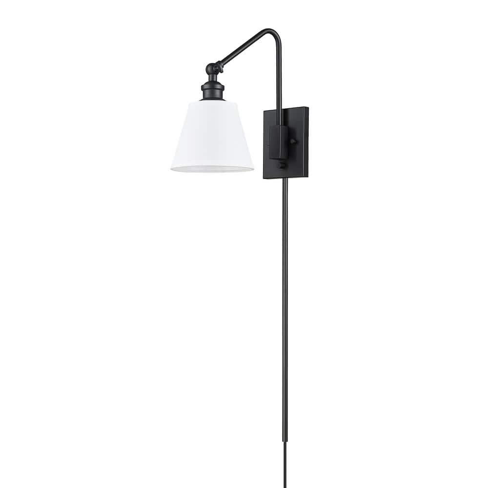 Matte Black Adjustable Swing Arm Wall Sconce with Fabric Shade