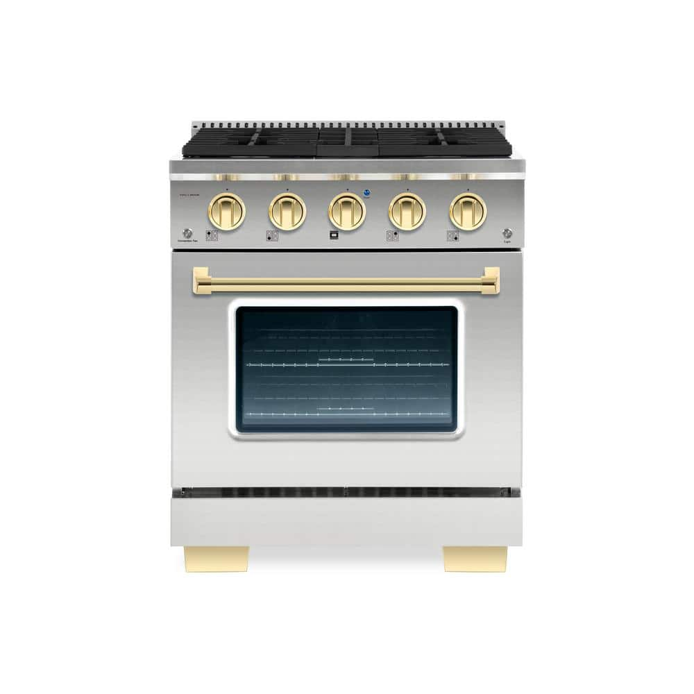 BOLD 30 in. 4.2 Cu. Ft. 4 Burner Freestanding All Gas Range with Gas Stove and Gas Oven, Stainless steel with Brass Trim -  Hallman, HBRG30BSSS