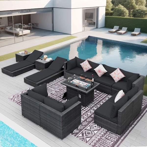 FINCATI 13-Piece Wicker Outdoor Sectional Patio Fire Pit Set Deep Seating Conversation Set with Chaise Lounge, Table, Dark Gray