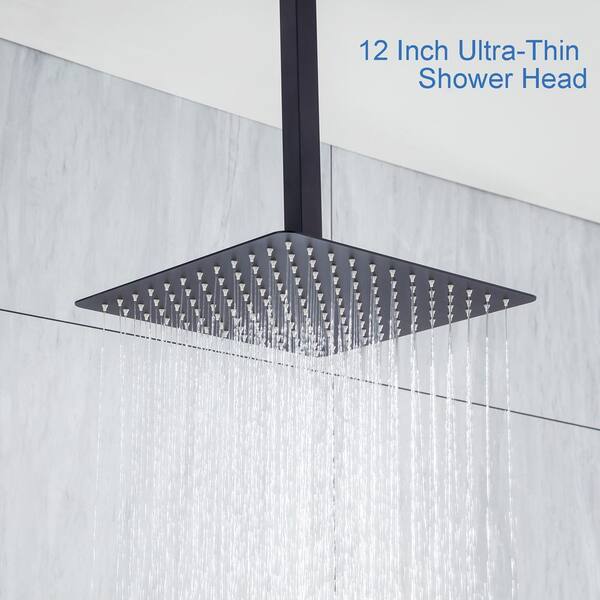 Airuida 12 Inch Square Matte Black Shower Faucet Rough-in Valve Bathroom Luxury Ceiling Mount SUS304 Ultra-thin Rainfall Shower Head Brass Shower All-in-one Handheld Hold Rain Mixer Shower System Set