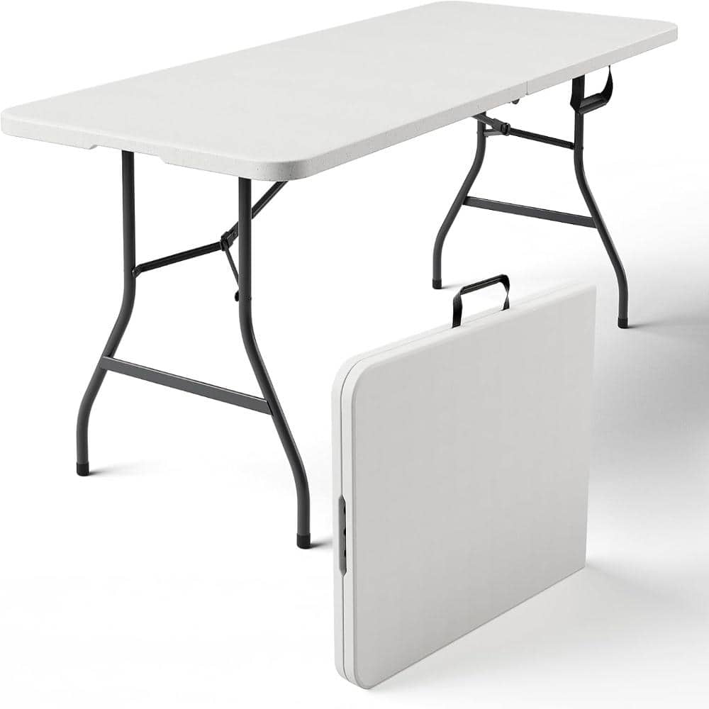 6 Ft Fold‑in‑Half Plastic Folding Table with Handle, White Portable Utility Table for Outdoor Picnic Camping