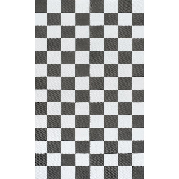 Bishop Geometric Checker Foldable Waterproof Reversible Plastic Straw Gray/White 9 ft. x 12 ft. Outdoor Area Rug