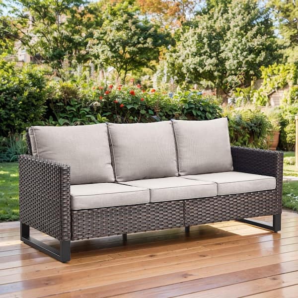 moosprr U-Shaped Foot 3-Seat Brown Wicker Outdoor Patio Couch with Beige Cushions