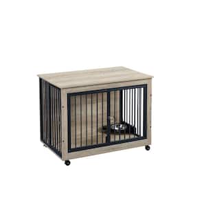 Anky Furniture Style Dog Crate Side Table With Rotatable Feeding Bowl, Wheels, Three Doors, Flip-Up Top Opening in Gray