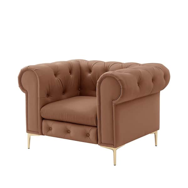 HomeRoots Amelia 29 in. Camel Faux Leather Armchair with Tufted Cushions