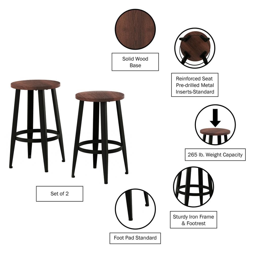 Set of 2 Black Metal and Elm Wood Counter-Height Stools