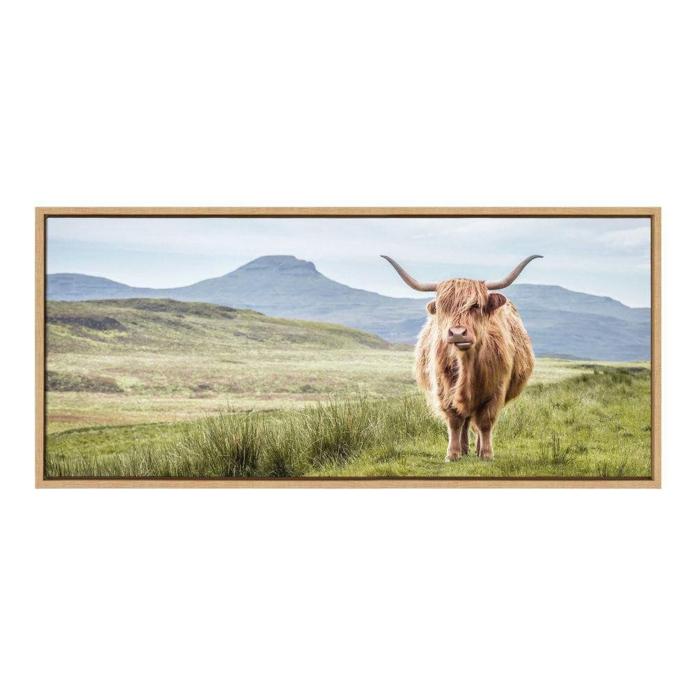 Highland Cow Mountain Landscape Canvas Print with Natural Frame