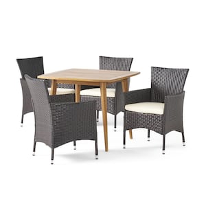 Coronado's Multi-Brown 5-Piece Wood and Faux Rattan Outdoor Dining Set with Beige Cushions