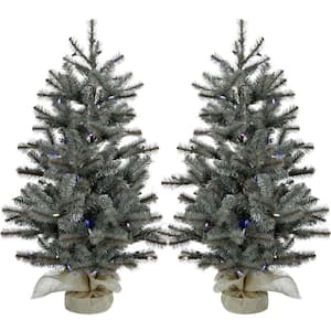 3 ft. Yardville Pine Artificial Christmas Porch Tree with Rustic Burlap Base and Multi-Color LED Lights (Set of 2)