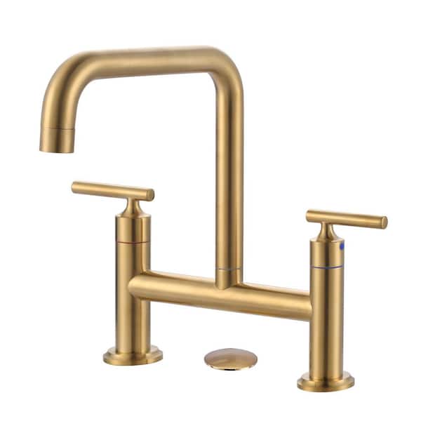Double Handle Bridge Faucet with Kitchen Sink Hole Cover in Brushed Gold