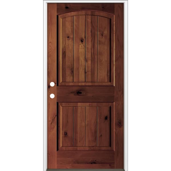 42 in. x 80 in. Rustic Knotty Alder Top Arch V-Groove Right-Hand/Inswing BEHR Red Mahogany Stain Wood Prehung Front Door