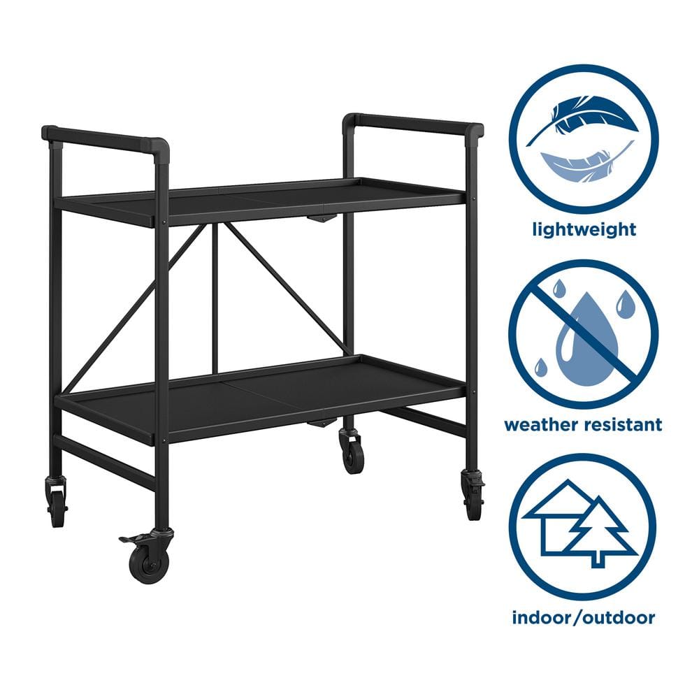 Black Steel 2-Shelf Rolling Serving Cart with Locking Wheels