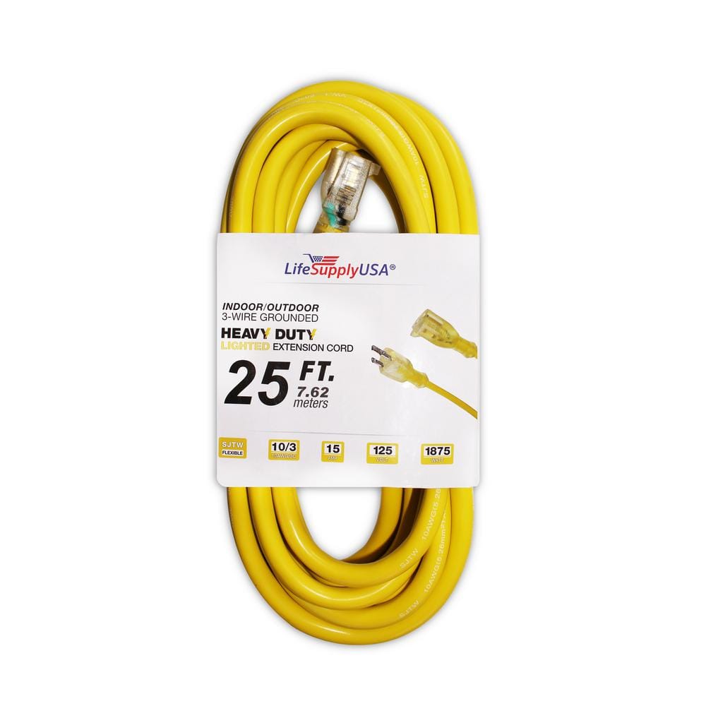 LifeSupplyUSA 25 ft. 10/3 SJT Lighted End Extension Cord 15 Amp, 125-Volt,  1875-Watt, Super Heavy-Duty Outdoor Jacket (5-Pack) 510325FT The Home  Depot