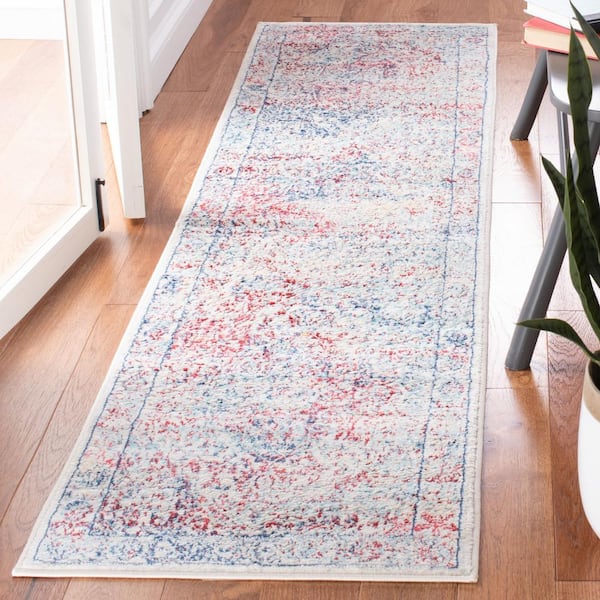 Brentwood 2 ft. x 10 ft. Ivory/Blue Distressed Border Medallion Runner Rug