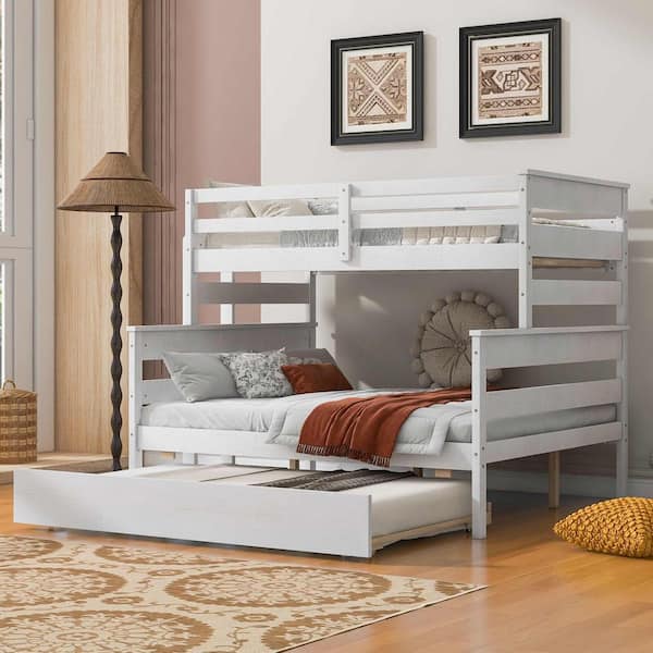 Polibi White Wood Twin over Full Bunk Bed with Twin Size Trundle
