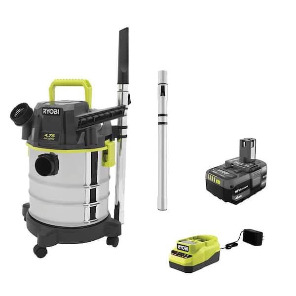 RYOBI ONE+ 18V Cordless 4.75 Gal. Wet/Dry Vacuum Kit with 4.0 Ah Battery, Charger, and 1-3/8 in. Telescoping Extension Wand