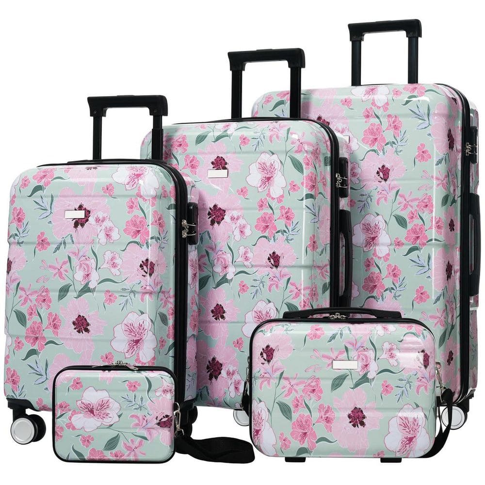 LIVACA 5-Piece Green & Pink Flower Polycarbonate Hardside