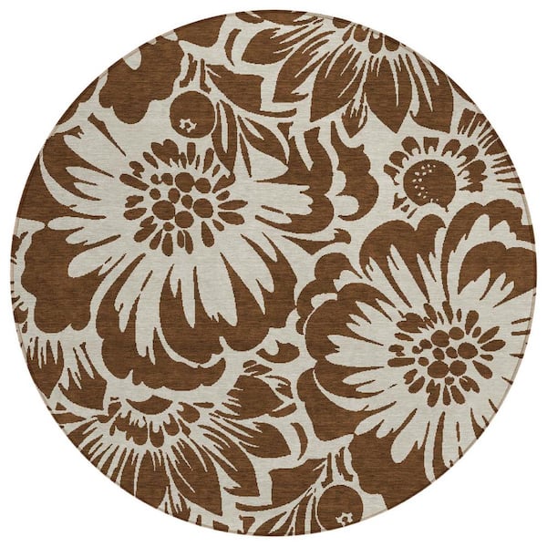 HomeRoots Brown and Ivory 8 ft. Round Woven Floral Round Indoor/Outdoor Area Rug