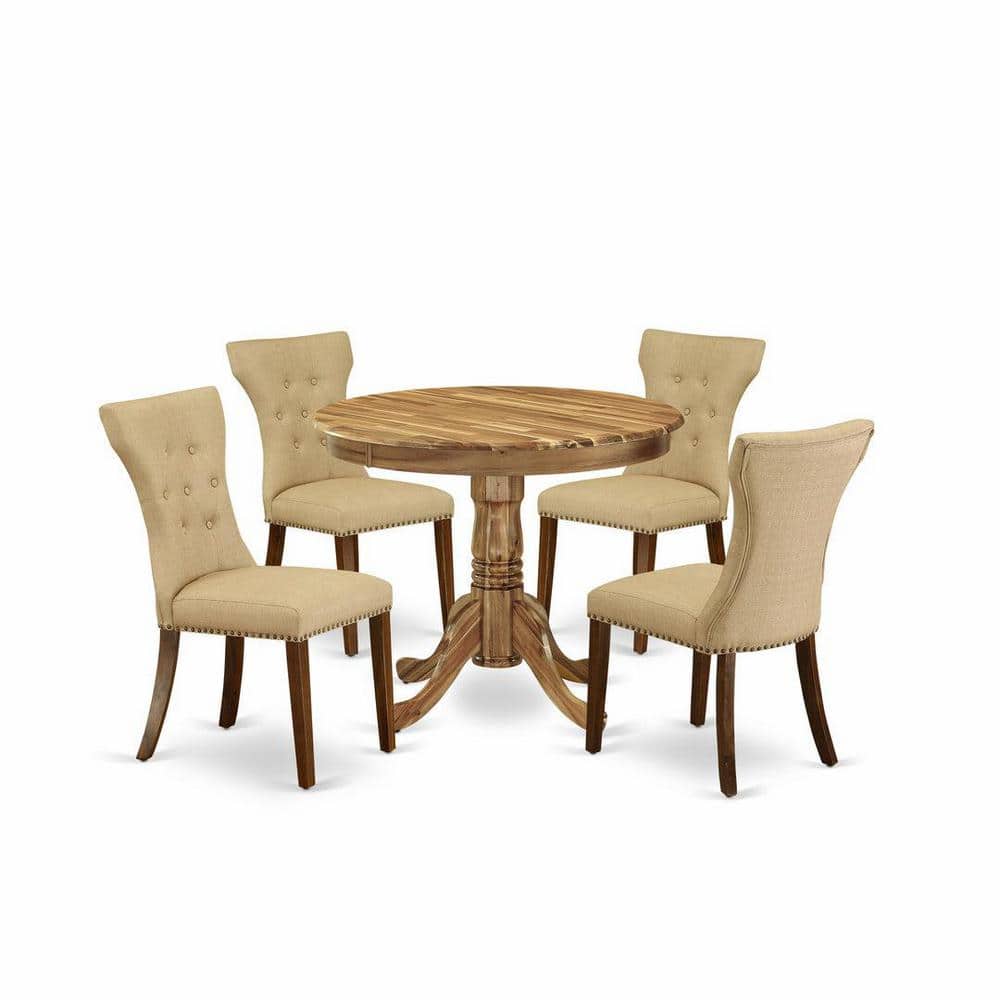 Natural Finish Round Solid Wood Dining Table with Beige Linen Upholstered Chairs