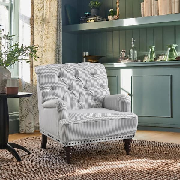 Lazzara Baylor Gray and White Textured Fabric Upholstery Tufted Back Accent Chair