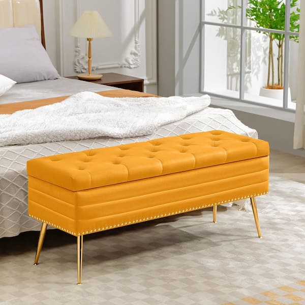 JEAREY Velvet Yellow Storage Ottoman Entryway Bench with Gold Base and Diamond Tufted Design for Living Room