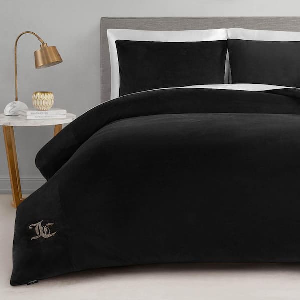 Solid Velour 3-Piece Black Solid Color Microfiber Full/Queen Comforter Set