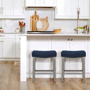 Jameson 24 in. Counter Height Antique Gray Wood Backless Barstool with Navy Blue Linen Saddle Seat (Set of 2)