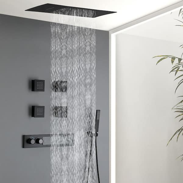 4-Spray Dual Ceiling Mount Shower Head and Handheld Shower Head in Matte Black Thermostatic Shower System with 4 Jet