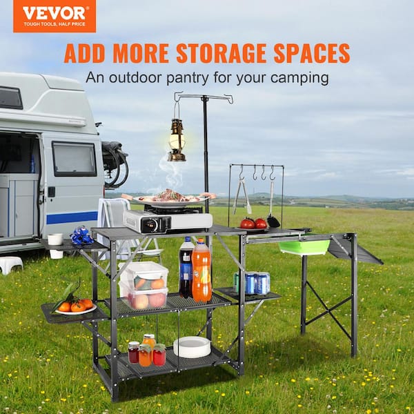 VEVOR Outdoor Mobile Kitchen, Portable Multifunctional Camp Box with Wheels  All in One Integrated Cooking Station with Windproof Stove, Folding Tables  Storage Organizer, Black