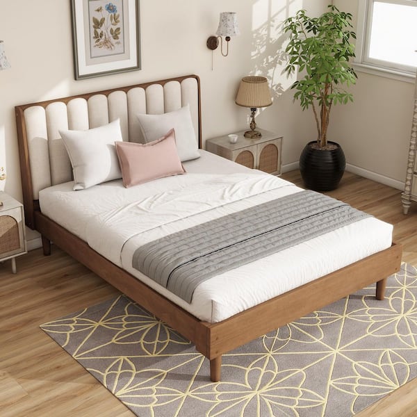 Wheat Brown Wood Frame Queen Platform Bed with Upholstered Headboard