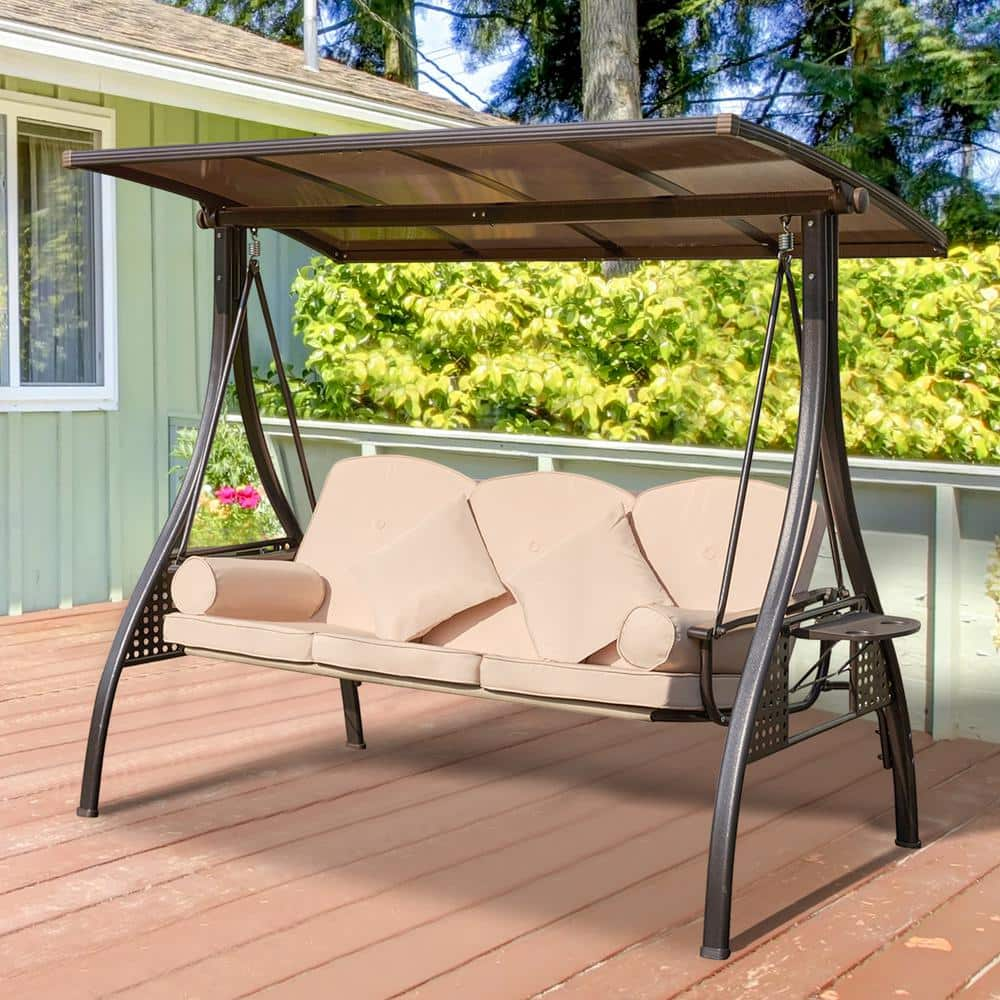 Zeus & Ruta 3-Person Metal Flat Pipe Patio Swing with Adjustable Canopy ...