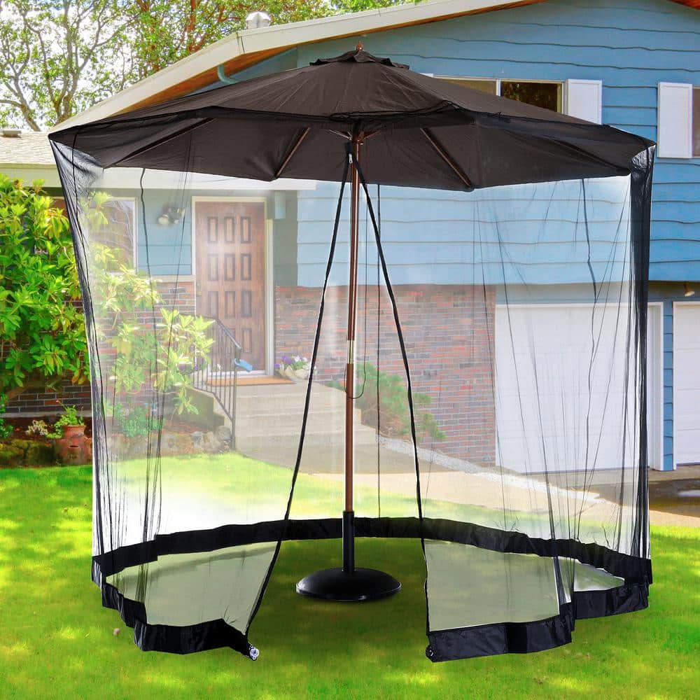 7.5-11ft Black Patio Umbrella Mosquito Netting, with Double Zipper Door,  Polyester Mesh Net Screen Universal for Almost Outdoor Market Table  Umbrellas
